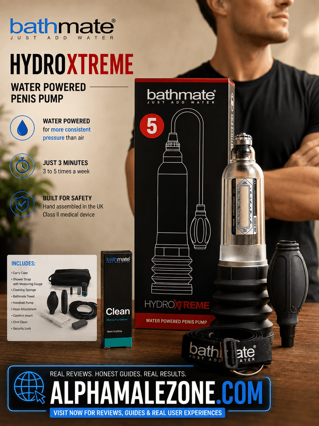 Bathmate HydroXtreme kit contents including carry case, shower strap and handball pump